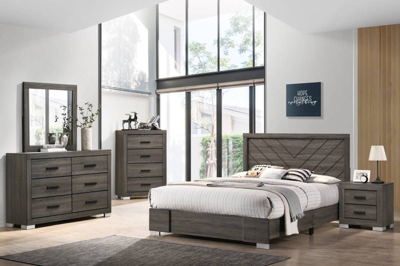 Bedroom Set: Rustic Finish with Chevron Headboard