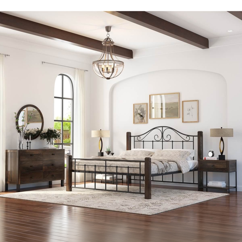 Bedroom Set Rustic Wood & Wrought Iron Scrolls Thick Posts