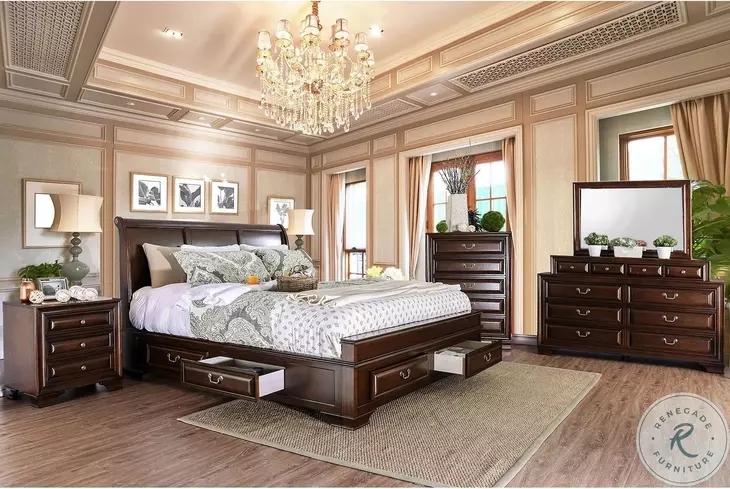 Bedroom Set Storage Sleigh Bed Polished Finish Brown Cherry Wood Bed