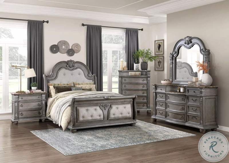Bedroom Set: Traditional Distressed Finish with Button Tufted Headboard