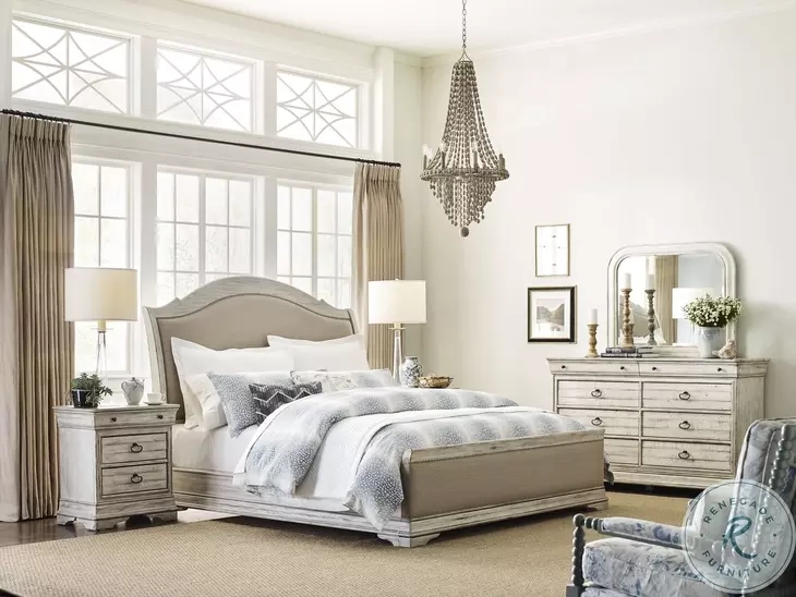 Bedroom Set Whitewashed Distressed Finish Nailhead Trim French Country