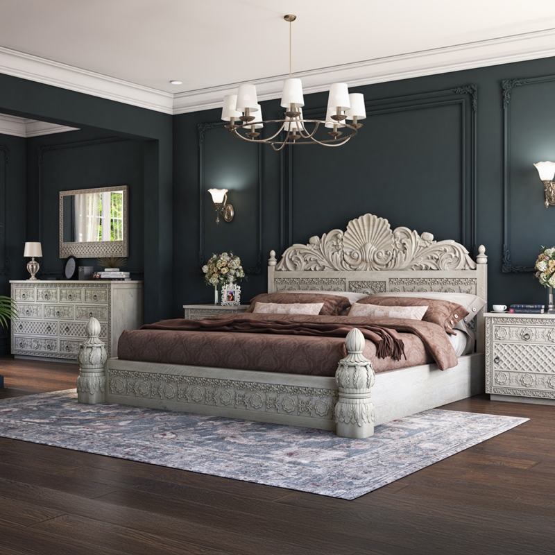 Bedroom Set, Whitewashed Distressed Finish, Shell Motif Headboard