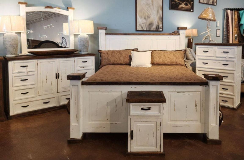Bedroom Set with Thick Wood Tops and Heavy Distressing