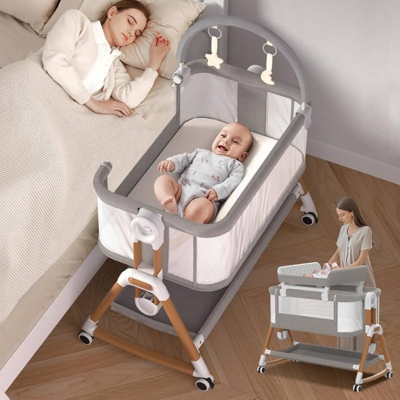 Bedside Bassinet 4-in-1 Gray Mesh Nursery Crib with Changing Station