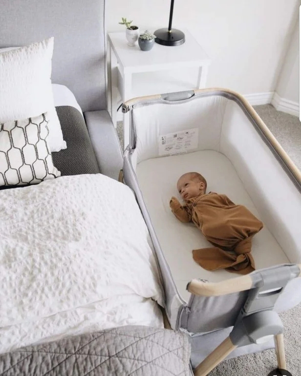 Bedside Bassinet Scandinavian Mesh Side Panels Wood Toned Accents