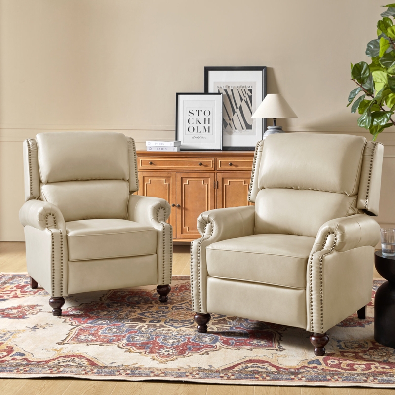 Beige Genuine Leather Recliner Set with Nailhead Trim Bun Feet