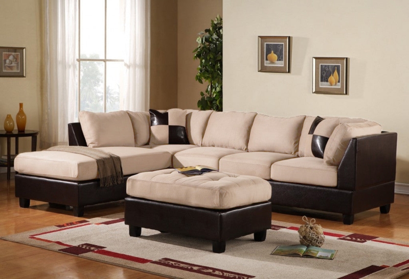 Beige Microfiber and Faux Leather Sectional with Tufted Ottoman and Checkered Pillows