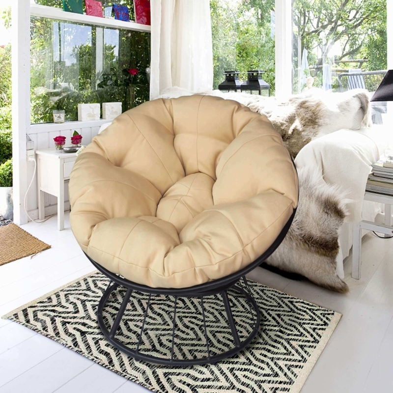 Beige Papasan Chair Swivel Tufted Seat Black Cage Frame