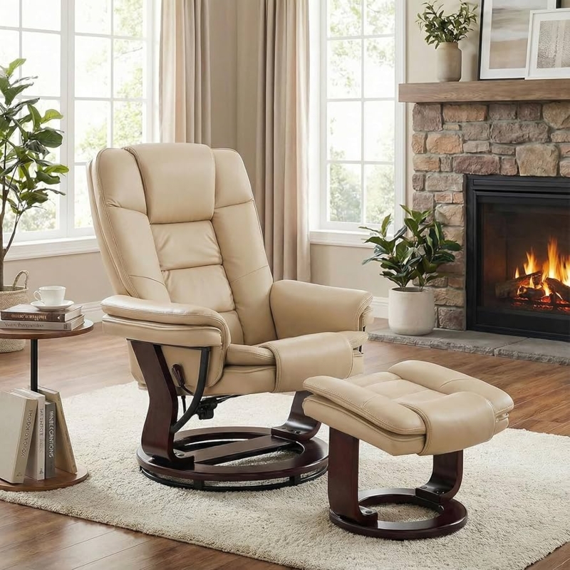 Beige Swivel Recliner with Ottoman and Circular Wood Base