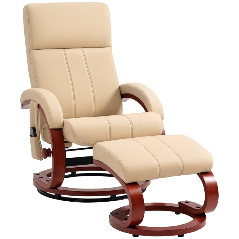 Beige Swivel Recliner with Ottoman, Curved Wood Base, and Side Pocket