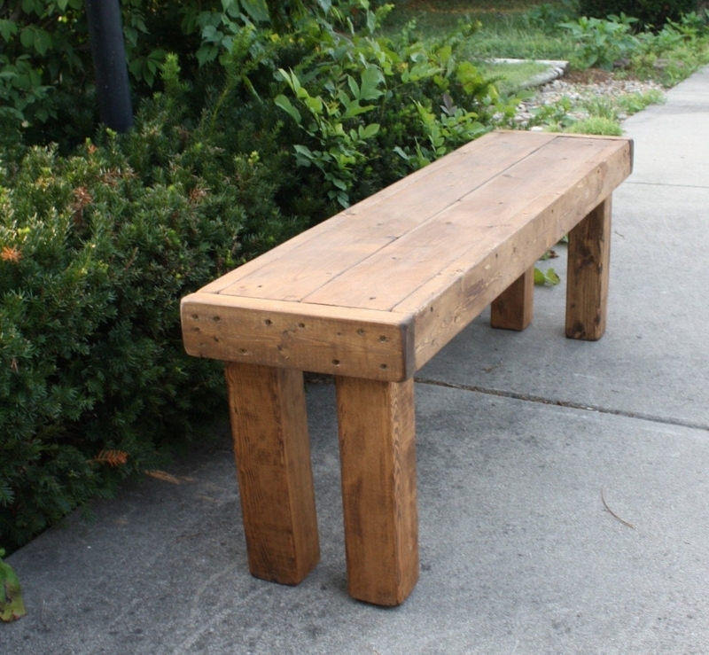 Bench Farmhouse Chestnut Brown with Thick Block Legs and Plank Seat