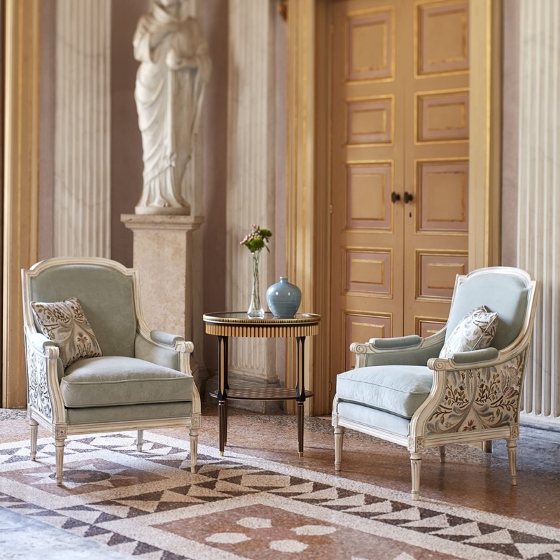 Bergère Armchair in Sage Green Upholstery with Floral Side Panels