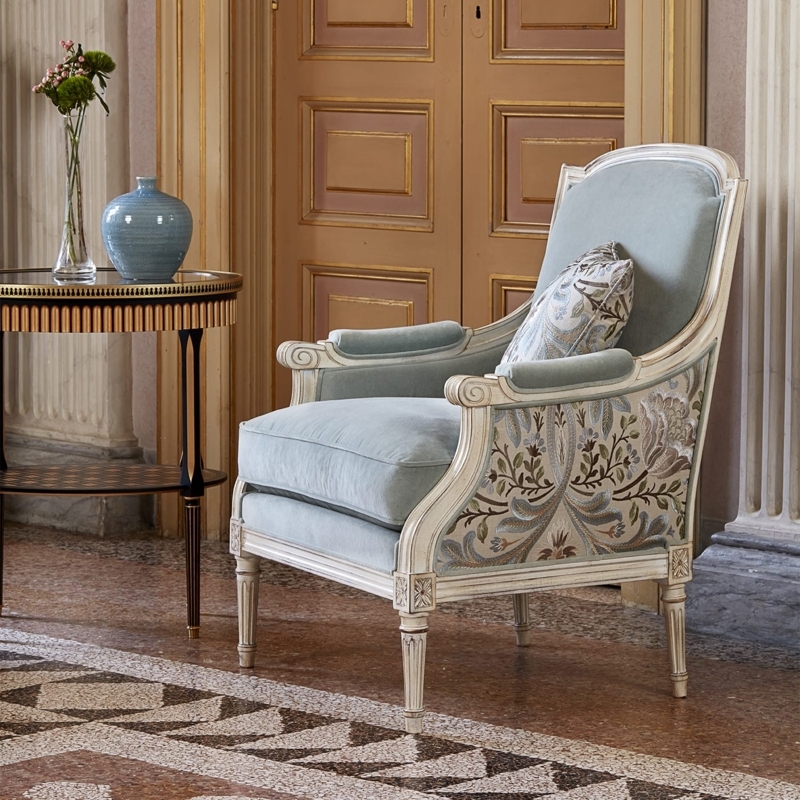 Bergère Armchair with Pale Blue Upholstery and Embroidered Sides