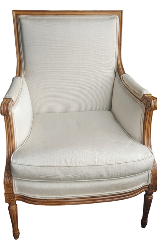 Bergere Chair: Louis XVI Cream Ribbed Fabric Fluted Tapered Legs