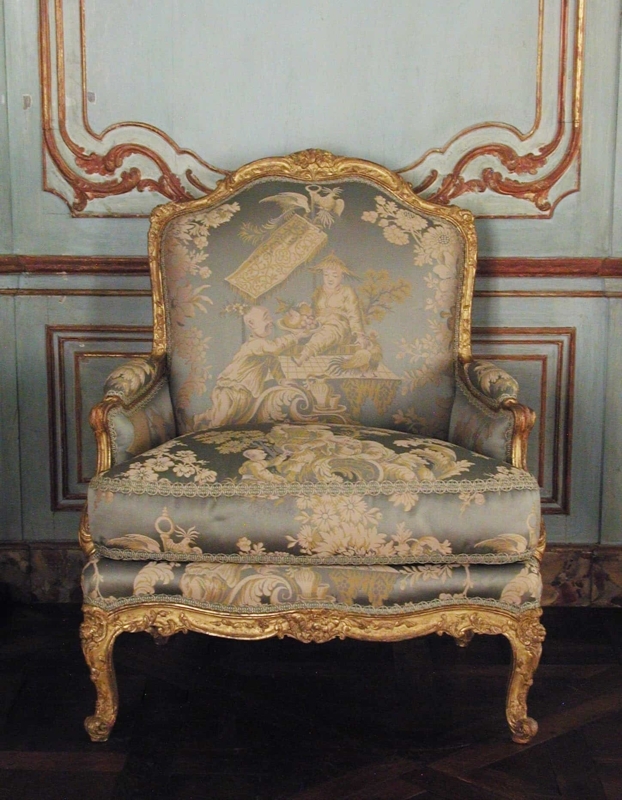 Bergère Chair with Gilded Cabriole Legs and Chinoiserie Upholstery