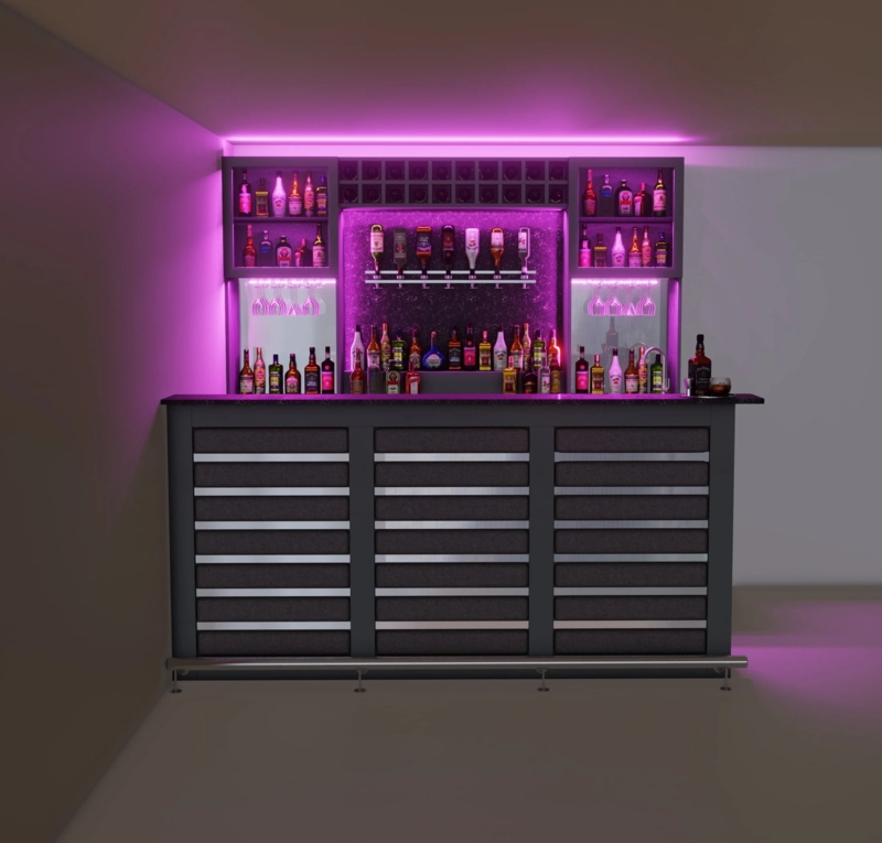 Bespoke Home Bar Magenta LED Lighting Optic Dispensers Mirrored Back