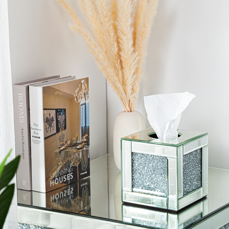 Beveled Mirrored Square Tissue Box with Crushed Glass Inlay