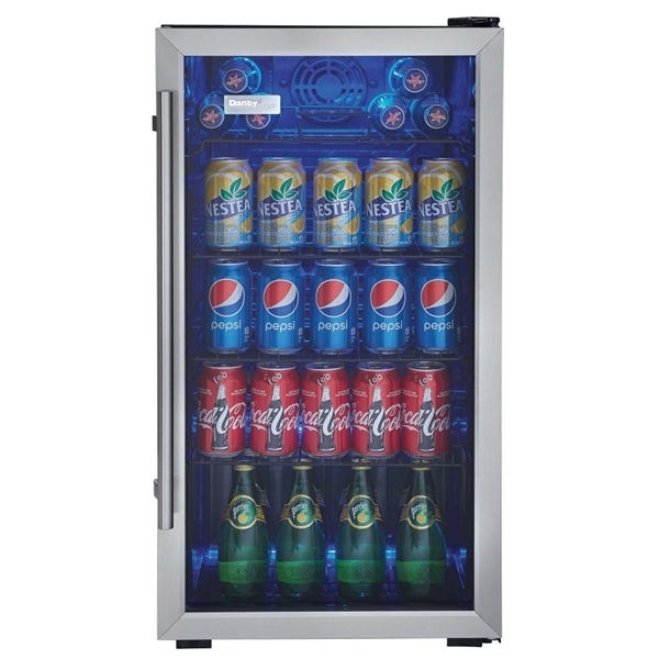 Beverage Cooler with Blue LED Lighting and Tempered Glass Door