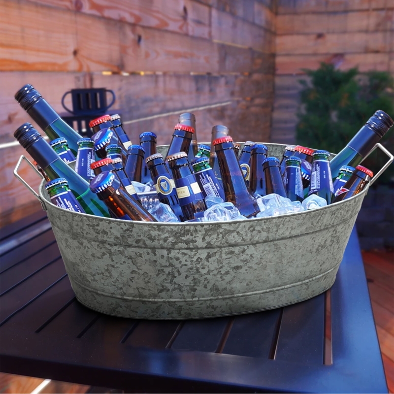 Beverage Tub Galvanized Charcoal Grey Ribbed Oval Shape