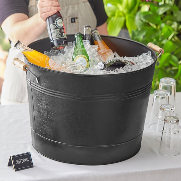 Beverage Tub Matte Black Metal Wooden Swing Handles Tapered