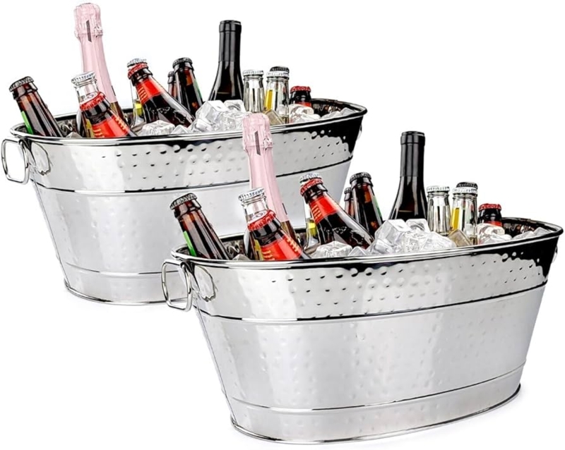 Beverage Tub Set of Two Hammered Stainless Steel Polished