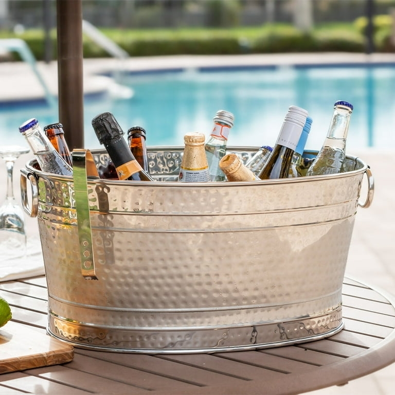 Beverage Tub Stainless Steel Hammered with Serving Tongs