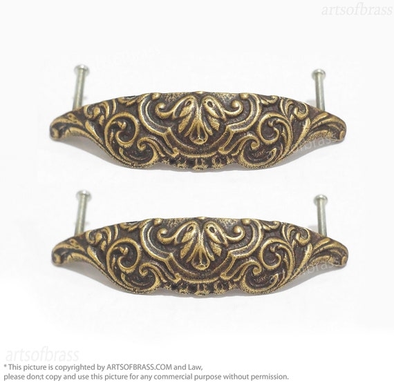 Bin Pull Ornate Scrollwork Shell Shape Antique Brass