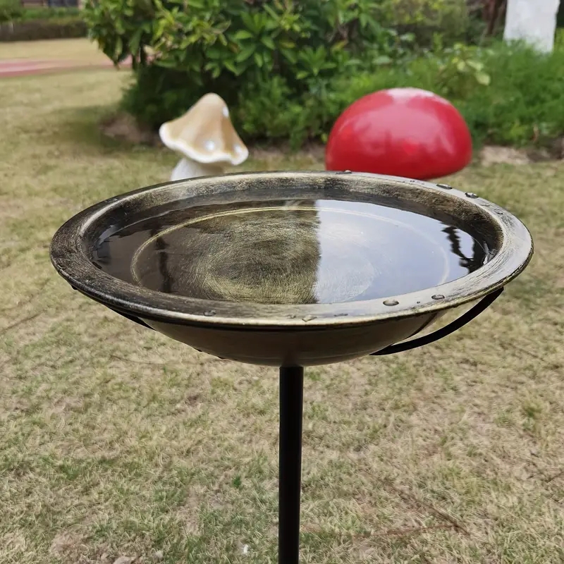Bird Bath Antique Gold Bowl Slender Stand Distressed Finish Rustic