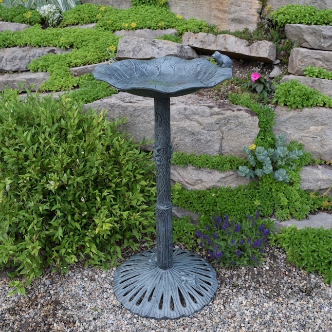 Bird Bath Cast Iron Lily Pad Bowl Frog Accents Textured Stem