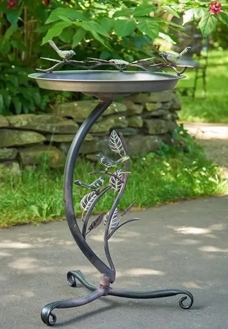 Bird Bath Curved Stem Leaf Motifs Charcoal Grey Whimsical