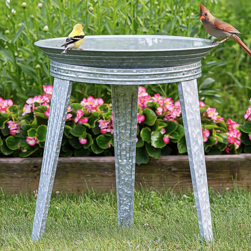Bird Bath Galvanized Metal Tripod Base Tapered Legs Rustic