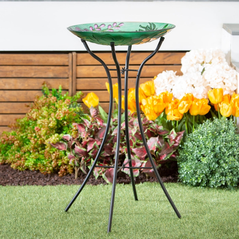 Bird Bath Hourglass Stand Floral Glass Basin Matte Black Frame