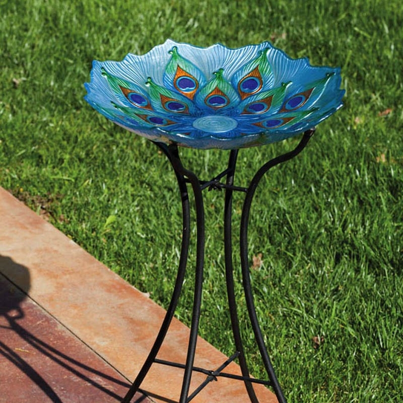 Bird Bath Peacock Feather Motif Glass Basin Hourglass Stand