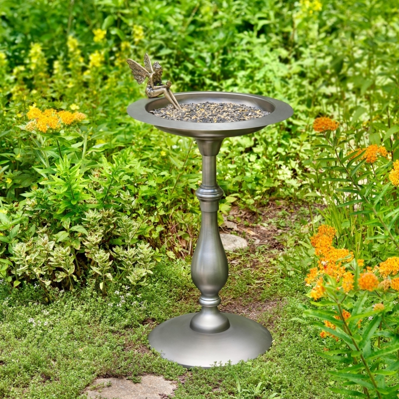 Bird Bath Pewter Finish Fairy Statue Turned Baluster