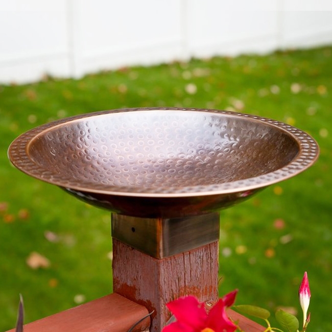 Bird Bath Post Mount Hammered Copper Finish Dotted Rim Pattern