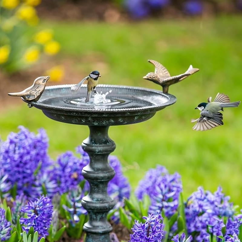 Bird Bath Tiered Pedestal Verdigris Patina Sculpted Bird Accents