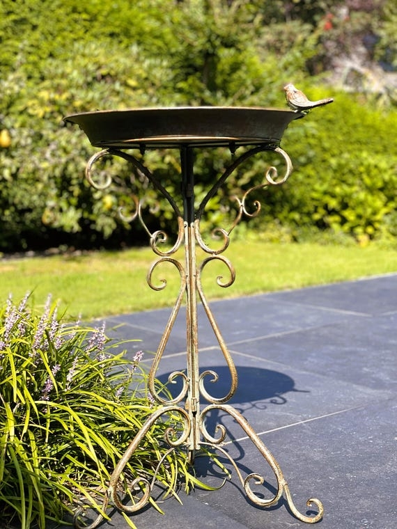 Bird Bath Wrought Iron Scrollwork Pedestal Antique Bronze