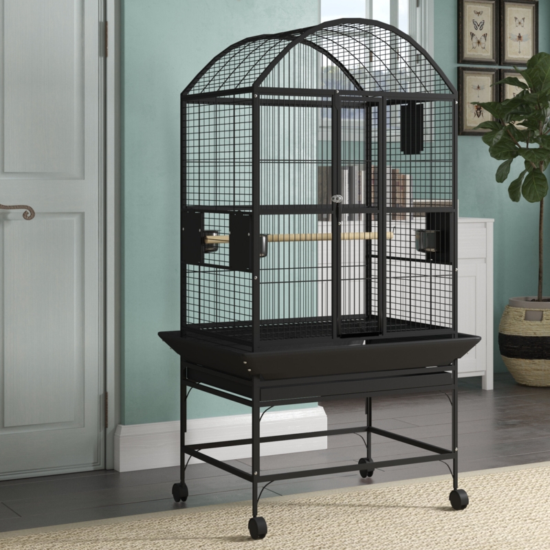 Bird Cage, Classic Matte Black Metal, Rolling Stand, Seed Guard Tray