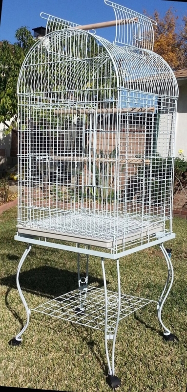 Bird Cage, Glossy White Finish, Open Top Perch, Curved Legs on Stand