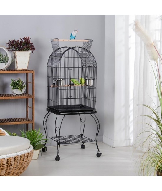 Bird Cage, Matte Black, Open Roof Perch, Curved Legs, Rolling Stand
