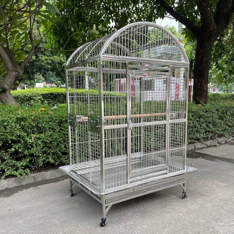 Bird Cage, Polished Stainless Steel, Dome Top, Industrial Style Pet Cage