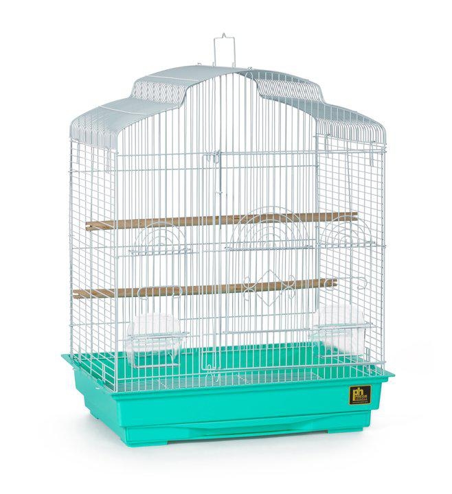 Bird Cage, Teal Base, White Wire Dometop, Hanging Hook, Clear Feeders