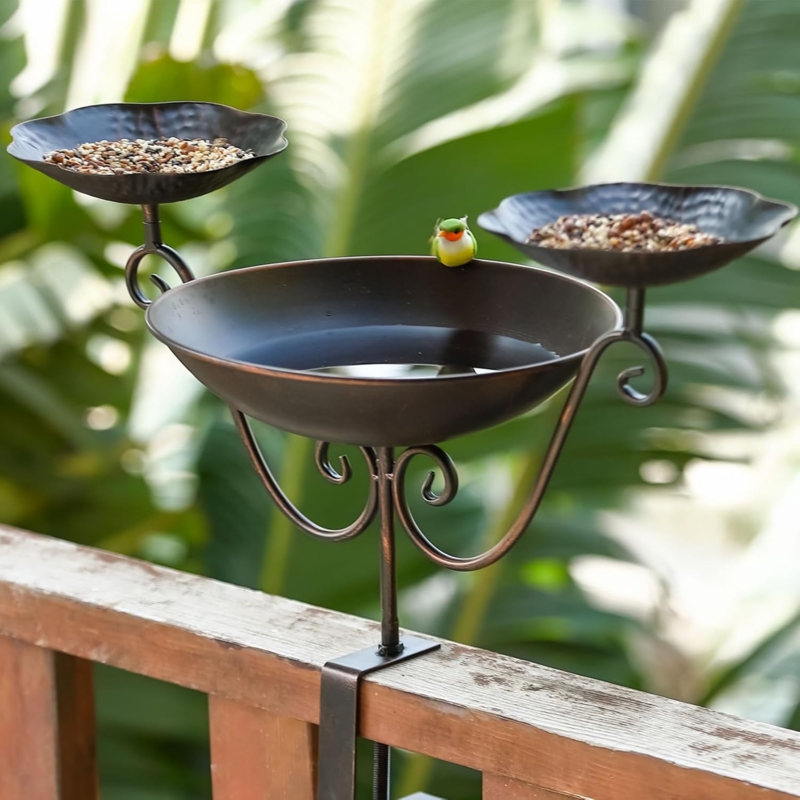 Bird Feeder Bath Deck Clamp Mount Three Bowl Design Hammered Metal