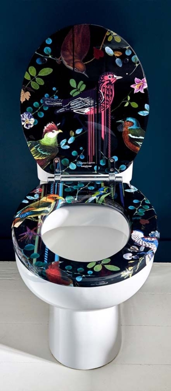 Bird Print Toilet Seat: Maximalist Botanical Design Midnight Black.