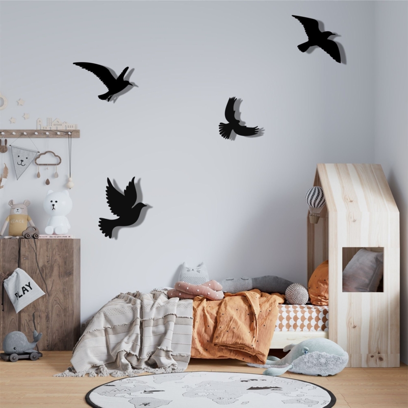 Bird Wall Art Set: Four Matte Black Metal Flying Silhouettes