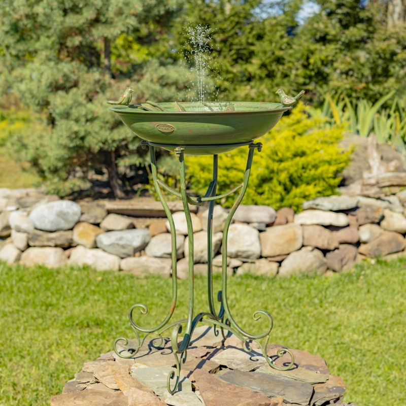 Birdbath Fountain Antique Green Scrollwork Stand Water Spray