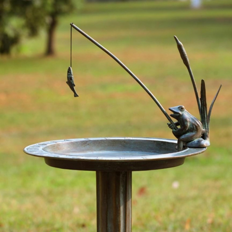 Birdbath Sundial Fishing Frog Motif Cattail Details Verdigris
