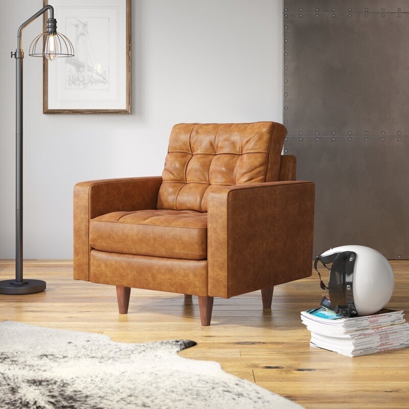 Biscuit Tufted Leather Armchair with Track Arms