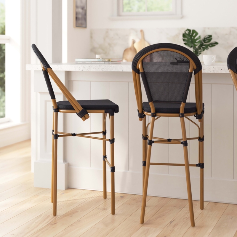 Bistro Bar Stool with Matte Black Textilene Seat and Bamboo Look