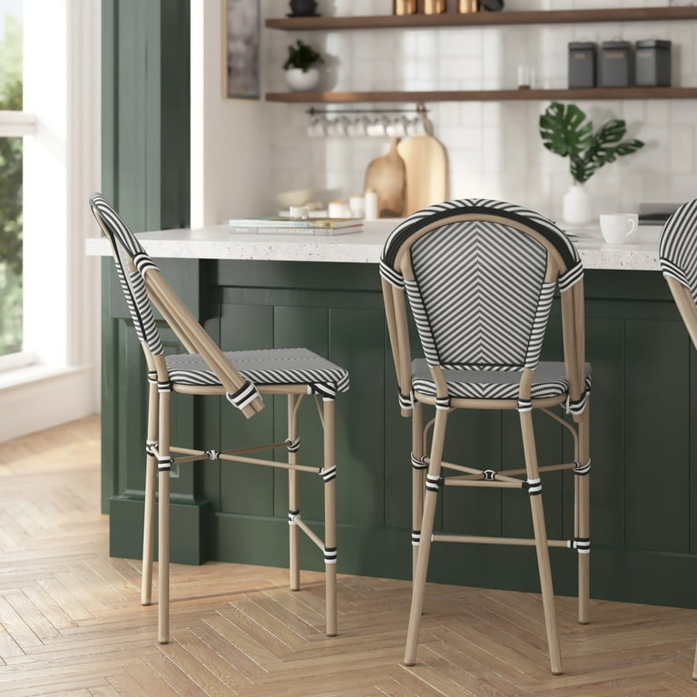 Bistro Barstools with Black and White Chevron Weave Pattern